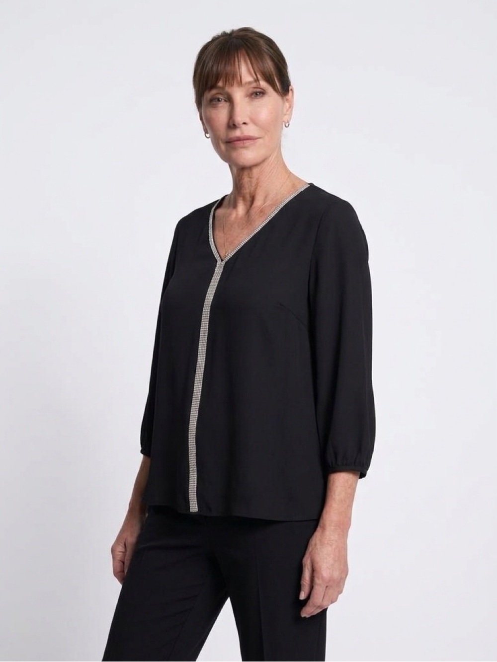 JM Collection Black Rhinestone Trim V Neck Blouse Top Size Medium